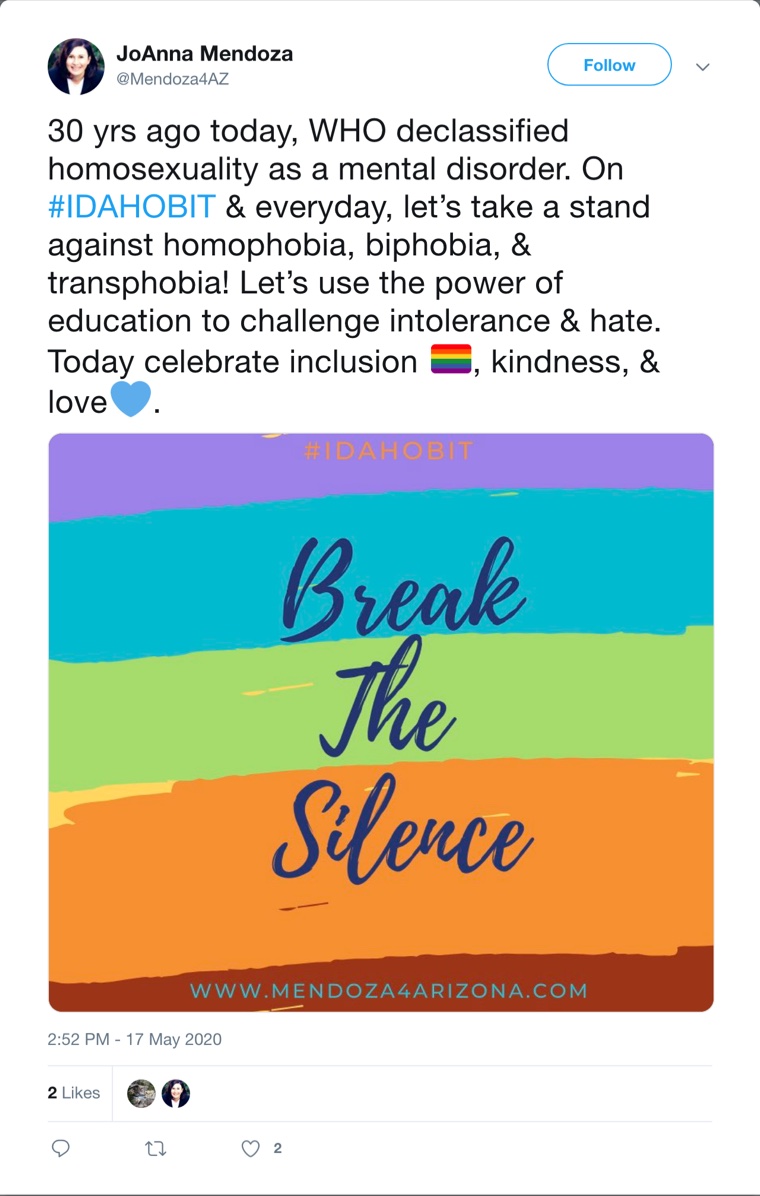 Screenshot of a May 17, 2020 post from JoAnna Mendoza’s campaign account marking IDAHOBIT