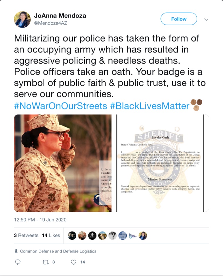 Screenshot of a June 19, 2020 post from JoAnna Mendoza’s campaign account calling militarized police an occupying army